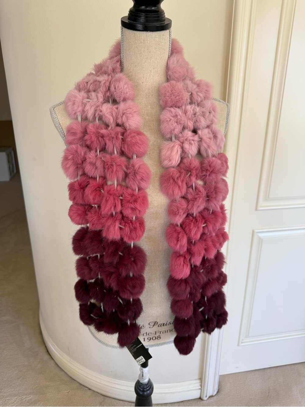 Bebe Ombre Pink Rabbit Fur Pom-Pom Scarf